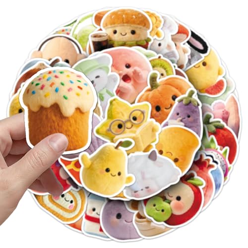 50 PCS Cute Plush Stickers for Scrapbooking, Kawaii Cartoon Decals for Journaling Planner, Waterproof Adorable Food Animal Vinyl Stickers for Water Bottle Laptop Phone DIY Crafts - style: A6