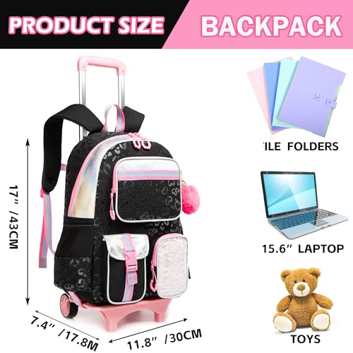 Meetbelify Backpack with Wheels for Girls Rolling Backpack Cute Carry on Backpack for Elementary Student - color: Black