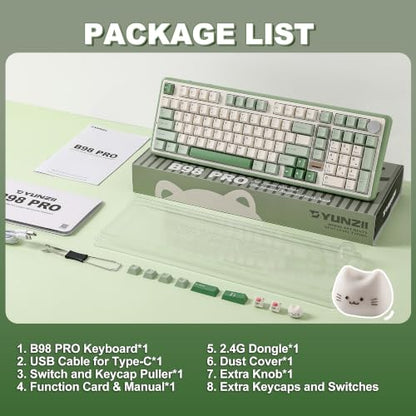 YUNZII B98 PRO QMK/VIA Wireless Mechanical Gaming Keyboard,96% Layout with Numpad and Cute Cat Knob, BT/2.4G/USB-C,Linear Switch Hot Swap Gasket,RGB for Win/Mac (Matcha Green, Milk V2 Linear Switch) - color: Matcha Green, size: Milk V2 Linear Switch