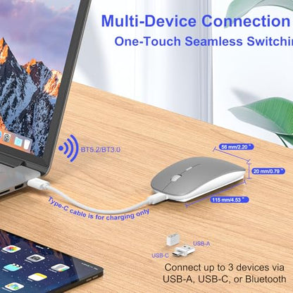 Bluetooth Wireless Mouse for MacBook Air Mac Pro iPad Laptop Computer Pad Optical Rechargeable Slim Silent Dual Mode (2.4G USB-C/USB-A&Bluetooth 5.2/3.0) Mouse Jiggler for Computer Awakening(Grey) - color: Grey