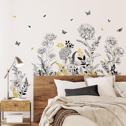 Black Yellow Flower Wall Decals, 3 Sheets Sketch Garden Floral Wall Stickers Simple Line Wildflower Grass Butterflies Art Decor Bedroom Bathroom Hallway Sofa Gifts for Mom(11.8x35.4 in/Sheet) - style: Black Yellow Flower Set