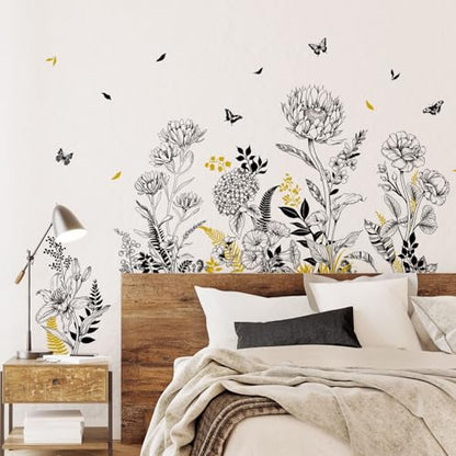 Black Yellow Flower Wall Decals, 3 Sheets Sketch Garden Floral Wall Stickers Simple Line Wildflower Grass Butterflies Art Decor Bedroom Bathroom Hallway Sofa Gifts for Mom(11.8x35.4 in/Sheet) - style: Black Yellow Flower Set