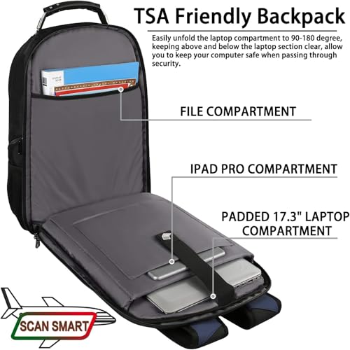 17.3 Laptop Backpack for Men Women, Large Travel Laptop Backpack | XL Backpack with Rain Cover, TSA Friendly Flight Approved with RFID Anti Theft Pocket, Water Resistant School College BookBag - color: Black-blue, size: 17inch(19.0 *14.6*10")