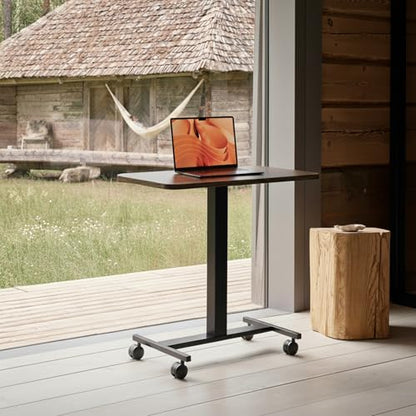HUANUO Small Rolling Laptop Standing Desk, Height Adjustable Mobile T-Base Desk with Lockable Casters, Portable Sit-Stand Workstation for Bedside & Sofa, Walnut - color: Walnut