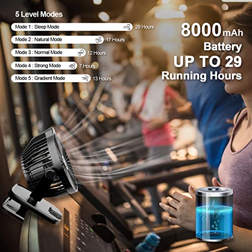 Small Clip on Fan with Remote Control | 8000mAh Battery | 5 Speeds | 5" Portable Rechargeable Mini Desk/Table Fan for Baby Stroller, Outdoor Camping, Tent, Desktop, Bedroom, Living Room, Office, Dorm