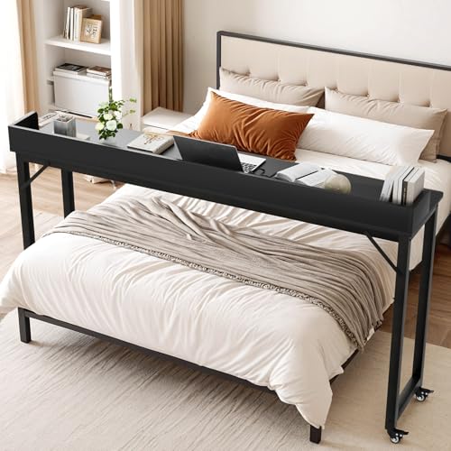 Clevich Overbed Table with Wheels, 16" D x 71" W x 41" H Mobile Bed Desk | Queen Full Size Mobile Computer Desk with eavy Duty Metal Leg, Standing Laptop Cart, for Bedroom, Living Room - color: Black
