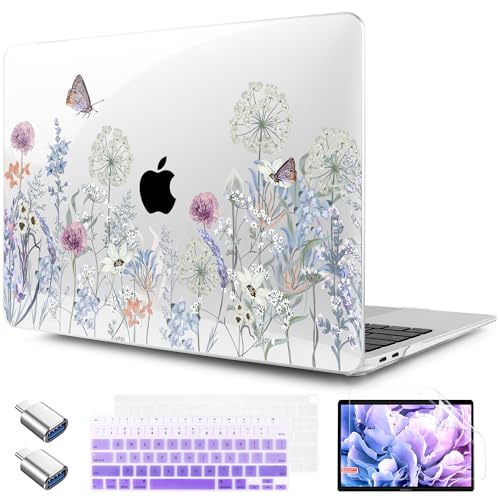 TWOLSKOO for MacBook Air 13.3 inch Case 2021 2020 2019 2018 Release M1 A2337 A2179 A1932 with Touch ID, Plastic Hard Shell Case & Keyboard Cover & Type C Adapter, Dandelions - color: Dandelions