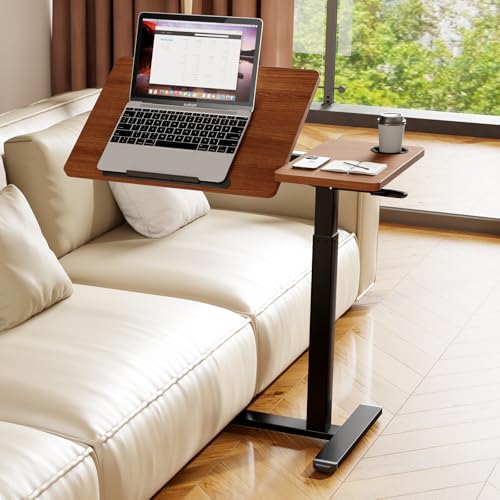 Overbed Table with Wheels, Pneumatic Lift, Foldable Top (Brown) | 0-70° Tilt Desktop Bedside Table, Hidden Casters,1.18 In Low-Profile Base Slides Under Beds and Sofas, Holds 88 Lbs - color: Brown