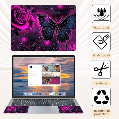 15.6 Inch Laptop Skin Sticker, Reusable Vinyl Cover Protector with 2 Wrist Pad Skins, Removable Waterproof Scratch-Resistant for 12-15.6 Inch Laptop Notebook,Purple Rose and Butterfly - color: Purple Rose And Butterfly
