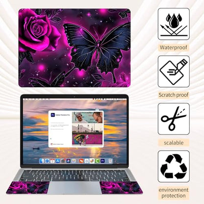 15.6 Inch Laptop Skin Sticker, Reusable Vinyl Cover Protector with 2 Wrist Pad Skins, Removable Waterproof Scratch-Resistant for 12-15.6 Inch Laptop Notebook,Purple Rose and Butterfly - color: Purple Rose And Butterfly