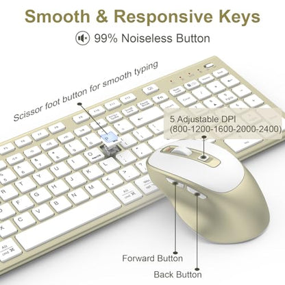 Rechargeable Wireless Keyboard and Mouse with Number Pad Gold | Quiet Silent, Slim Thin Flat Low Profile Soft Key, USB C, with Skin Cover, Ergonomic Mouse, for Mac Windows PC, Home Office - color: Gold