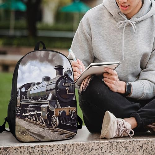 Heavy-Duty Laptop Backpack 17 Inch - 600D Polyester Steam Locomotive Train Backpack Lightweight Shoulder Bag Casual Daypack for Men & Women, Travel Hiking Camping