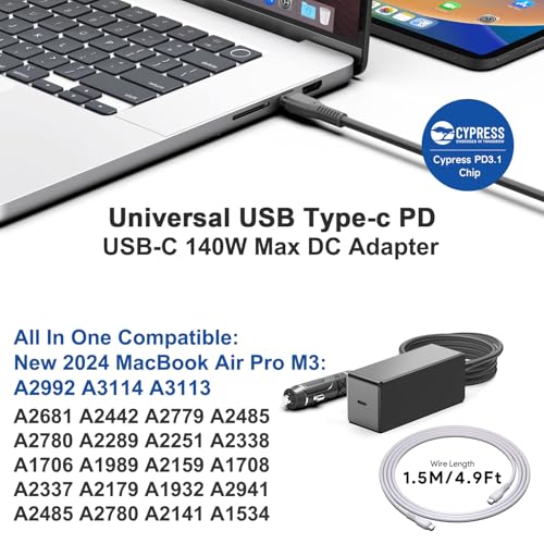 140W 135W 130W 100W 95W 90W USB-C Laptop Car Charger PD3.1 12V-24V DC Adapter for MacBook Pro 16" /MacBook Air,Dell XPS/Latitude/Precision/Chromebook,Lenovo,HP,Asus,Toshiba/Steam Deck/Tablet/Phone