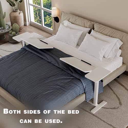 Adjustable Overbed Bedside Table with Wheels Pneumatic Mobile Standing Laptop Desk Rolling Computer Cart Movable Couch Desk Hospital Home Use, White - color: White