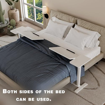 Adjustable Overbed Bedside Table with Wheels Pneumatic Mobile Standing Laptop Desk Rolling Computer Cart Movable Couch Desk Hospital Home Use, White - color: White