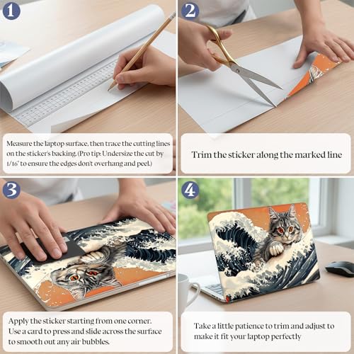 Universal Laptop Skin Sticker Decal,15.6 Inch Laptop Vinyl Cover for 13" 14" 15.6" Laptop,Scratch-Resistant Waterproof Protector Wrap,Reusable with Wrist Pads,Wave Cat - color: Wave Cat