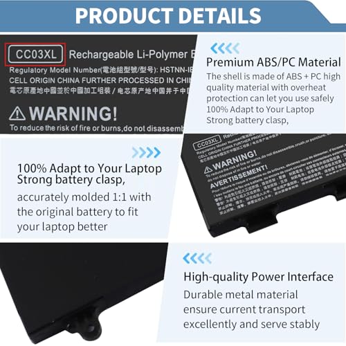 53Wh 11.55V CC03XL Laptop Battery Replacement for EliteBook 830 835 840 845 G7 G8, ZBook Firefly 14 G7 G8, Probook 635 Aero G7 G8, CC03053XL-PL HSTNN-DB9Q L77608-2C1 L77608-421 L78555-005 4400mAh - size: 7 x 3 x 0.2 inches CC03XL BATTERY