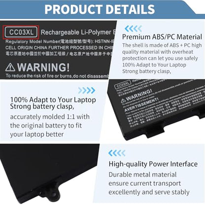 53Wh 11.55V CC03XL Laptop Battery Replacement for EliteBook 830 835 840 845 G7 G8, ZBook Firefly 14 G7 G8, Probook 635 Aero G7 G8, CC03053XL-PL HSTNN-DB9Q L77608-2C1 L77608-421 L78555-005 4400mAh - size: 7 x 3 x 0.2 inches CC03XL BATTERY