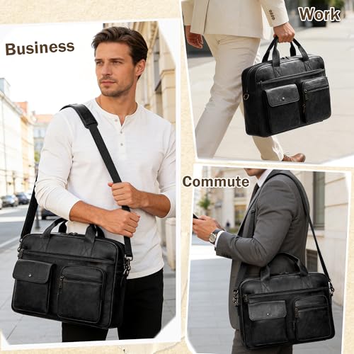 Briefcase for Men 15.6 Inch Laptop Messenger Bag Faux Leather Multi-Pocket Business Work Bag Waterproof Office Travel Tote - color: Black