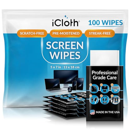 iCloth Large Screen Cleaning Wipes for Electronics, Lint-Free and Streak-Free, Fast-Drying, Removes Dust, Fingerprints, and Smudges (100 Wipes) - size: 1 Count (Pack of 100)