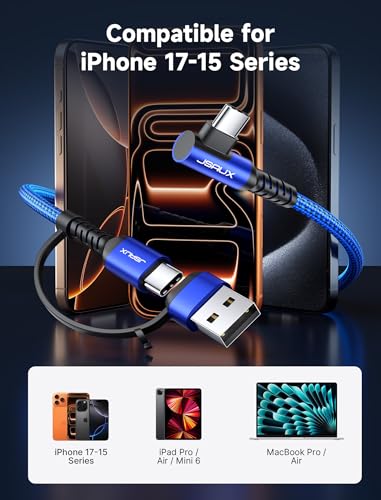 JSAUX 3-in-1 USB-C Cable 2-Pack 10FT, 100W Right-Angle Fast Charging, Blue | Right-Angle Braided Cables with USB-A Adapter, 2 x 10 ft, for iPhone 17/16/15, Galaxy S26/S25/S24, iPad, MacBook, Steam Deck - color: Blue, size: 10FT