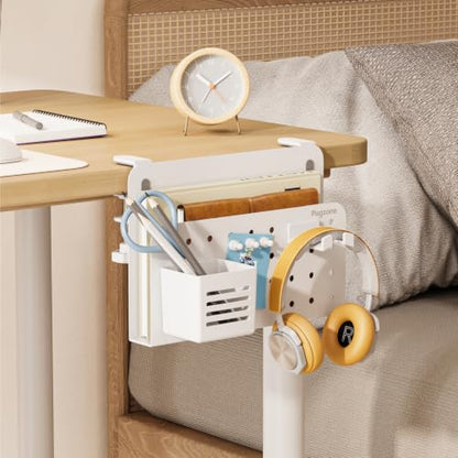 PEGZONE Desk Side Storage Organizer, No Drill Under Desk Laptop Holder, Clamp on Desks Shelf with Pegboard Accessories, Hanging Laptop Mount, Fits Flat Edge 0.4" to 2.2", White | No Drill Under Desk Laptop Holder, Clamp on Desks Shelf with Pegboard Access