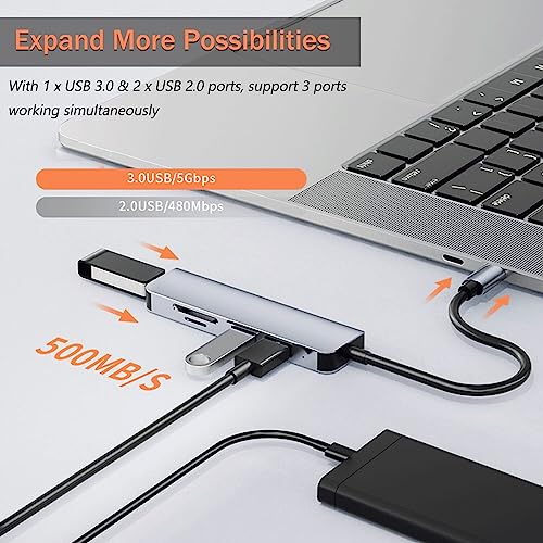 VIENON 5 in 1 Aluminum USB-C Hub with Memory Card Reader and 3 USB 3.0 Ports, for PC, Laptops, MacBook Pro/Air, iMac Pro, Surface and Tablet
