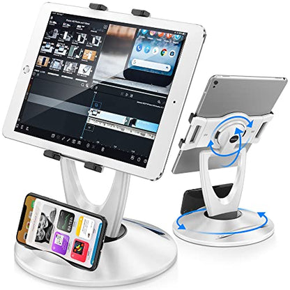 360 Rotating Tablet Stand for POS Kiosk & Desk, Foldable iPad Holder with Phone Organizer Base, Swivel Counter Mount for Retail & Office, Fits iPad Pro 12.9, Air, Mini, All 4-13” Devices - color: White