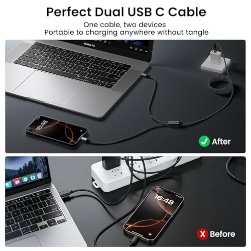2 in 1 USB C to Dual USB C Charging & Data Cable 5FT 100W Max, 2 in 1 USB C Fast Charging Data Cable for iPhone 17/17Pro Max/16/15 Series, MacBook Air/Pro, iPad, Laptops, Samsung Galaxy Series