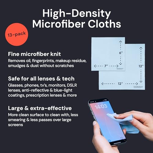 Elite Tech Gear Large Microfiber Cleaning Cloth (13-Pack) - 1-pc 12" x 12" and 12-pc 6"x7" - Glasses Cleaning Cloth for TV Screens, Camera Lenses and Tablets (Blue) - color: Blue, size: 12'' x 12'' (Pack of 13)