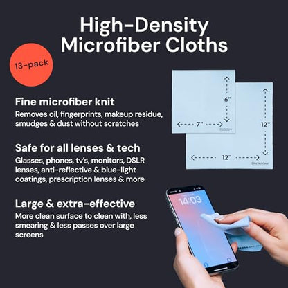 Elite Tech Gear Large Microfiber Cleaning Cloth (13-Pack) - 1-pc 12" x 12" and 12-pc 6"x7" - Glasses Cleaning Cloth for TV Screens, Camera Lenses and Tablets (Blue) - color: Blue, size: 12'' x 12'' (Pack of 13)