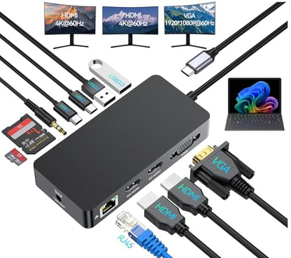 Surface Thunderbolt 4 Docking Station, 12-in-1 Surface Pro Dock Dual 4K@60Hz HDMI VGA Triple Monitor Adapter Compatible with Microsoft Surface Pro 13 12 11 10 9 8 7 X, Surface Laptop 7 6 5, Go, Book