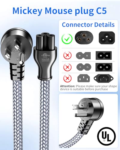 3 Prong Laptop Power Cord-6.6Ft Universal Power Cable 90°Angled,18AWG AC Power Cable for Dell HP LG Lenovo Asus Acer Toshiba Sony Laptops/Notebooks Monitors Printers Scanners NEMA 5-15P to C5 - size: 6.6 ft
