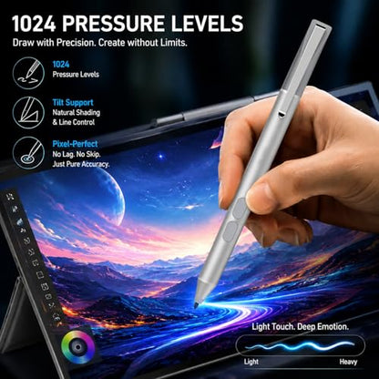 Active Digital Pen for HP Envy x360 Pavilion Spectre Omnibook Touchscreen | MPP 1.51, 2500H Battery Life, 1024 Pressure, Palm Rejection, Dual Side Button Pixel-Perfect Precision for Drawing Note Taking - color: silver
