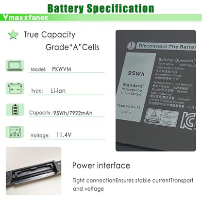 95Wh PKWVM Laptop Battery Replacement for Dell Precision 7750 7760 7550 7560 Series Notebook C903V CR72X 17C06 447VR 95Wh 11.4V 7922mAh 6-Cells