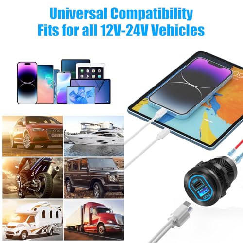 12V USB Outlet PD 100W USB C and QC3.0 18W Port Aluminum Car Charger Socket for Laptops Tablets Phones, Cigarette Lighter Replacement Car Accessories DIY for RV Camper Truck Boat Golf