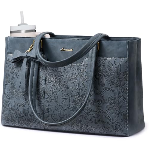 LOVEVOOK Laptop Tote Bag for Women,15.6 Inch Work Bags PU Leather Teacher Tote Bag,Waterproof Quilted Computer Bag for Office Professional Briefcase Gifts - color: Blue Embossed-a, size: 15.6 Inch