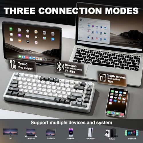YUNZII B75 PRO Wireless Mechanical Gaming Keyboard | Custom 75% Layout with Knob,Gasket Mount,Hot Swap,Creamy Pre-lubed Switch,BT/USB-C/2.4G(Cocoa Cream V2 Switch,Grey) - color: Grey, size: Cocoa Cream V2 Switch
