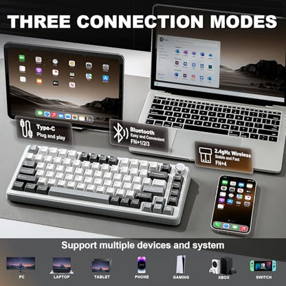 YUNZII B75 PRO Wireless Mechanical Gaming Keyboard | Custom 75% Layout with Knob,Gasket Mount,Hot Swap,Creamy Pre-lubed Switch,BT/USB-C/2.4G(Cocoa Cream V2 Switch,Grey) - color: Grey, size: Cocoa Cream V2 Switch