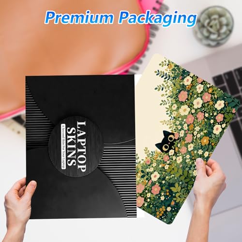 Universal Laptop Skin Sticker Decal with 2 Wrist Pad Skins, Waterproof Scratch Vinyl Cover for 11–15.6 Inch MacBook, HP, Dell, Lenovo, Cutable & Reusable,Black Cat Hiding Flowers - color: Black Cat Hiding Flowers