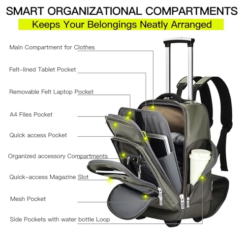 Heliar Rolling Backpack with Wheels | Wheeled Roller Backpack for Business & Travel, Adjustable 13-18 Inch Laptop Backpack with Laptop Compartment & Carry-On Design - color: Green