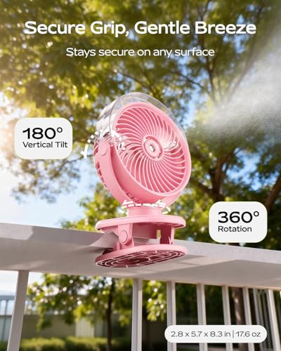 SWEETFULL Portable Misting Clip On Fan, USB-C Rechargeable Mini Personal Cooling Fan with 4 Speeds, 360° Rotatable, Quiet Cooling for Outdoor, Camping, Golf Cart, Travel, Stroller & Desk (Pink) - color: Pink