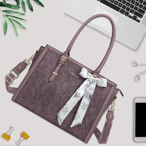 MOSISO Laptop Bag for Women, 15.6-16 inch PU Leather Tote Bag | Compatible with MacBook, HP,Dell,Asus, Front Embossed Retro Hibiscus Computer Bags with Silk Scarf&Clutch Purse, Slate Purple - color: Slate Purple, size: 16 inch