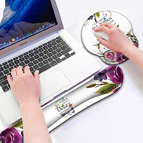 Gel Mouse Pad and Ergonomic Large Keyboard Wrist Rest Support Memory Foam, for Gaming/Working Desk Pad with Non-Slip PU Base, Philippians 4-13 Purple Flower White Wireless Mousepads for Women