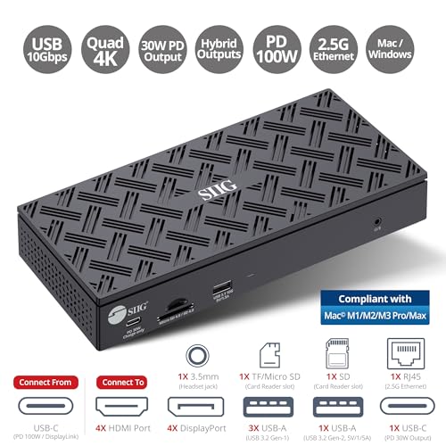 SIIG DisplayLink USB-C Dock, Quad 4K60Hz, 100W PD, 2.5GbE, JU-DK0Q11-S1 | Drive four 4K60 displays through DisplayLink; 100W PD, USB expansion and 2.5GbE support dense professional workstations. - style: Quad 4K Display
