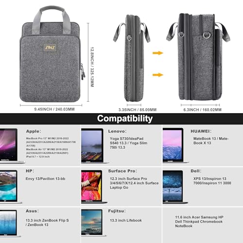 Laptop Shoulder Bag 12.3-13 inch Case Sleeve, Expandable Handbag with Valuables Compartment Compatible with MacBook Air/Pro/Neo 13", iPad 12.9"/13"/11", Shockproof,Gray - color: Gray