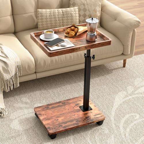 C Table Side Table Adjustable Height, 360°Swivel TV Tray Table with Wheels, Small Table for Eating, Dinner, C Shaped End Tables Living Room and Bedroom for Sofa, Couch, Bed,Chair, Snack