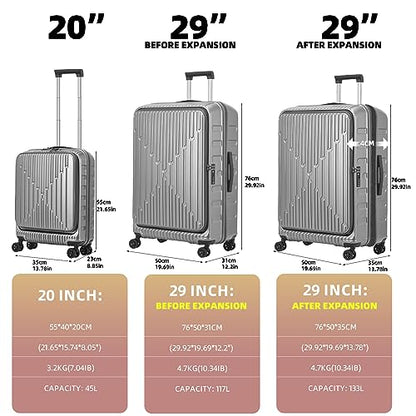 Kaleenie 2 PCS 20/29 Luggage Sets, 20” Cabin Luggage 29” Side Open Suitcase | 20 Inch with Front Pocket,29 Inch Checked Trunk Suitcase,Lightweight ABS+PC Hardshell,TSA Lock,HINOMOTO 360° Wheels,Grey - color: Dark Gray, size: 20/29 Set