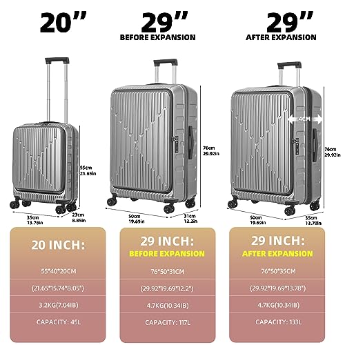 Kaleenie 2 PCS 20/29 Luggage Sets, 20” Cabin Luggage 29” Side Open Suitcase | 20 Inch with Front Pocket,29 Inch Checked Trunk Suitcase,Lightweight ABS+PC Hardshell,TSA Lock,HINOMOTO 360° Wheels,Grey - color: Dark Gray, size: 20/29 Set