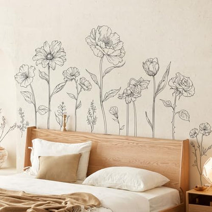 Large Black Boho Flower Wall Decals, 3 Sheets Simple Sketch Floral Wall Stickers Peony Wildflower Peel Stick Wall Art Decor Bedroom Home Room Office Garden Hall Adult Gifts for Mom(11.8x35.4 in/Sheet) - style: Large Peony Flower Set